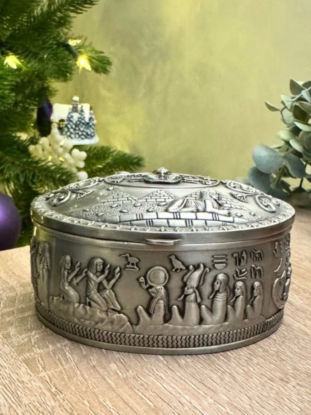 Egyptian Pewter Jewelry Box Hieroglyphic Trinket Box Velvet Lined